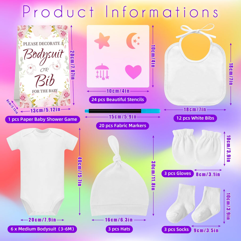 78PCS Baby Shower Set Baby Shower Game Sign Baby Bib Bodysuit White Baby Bib Newborn DIY Mittens Socks Hats(Flower)