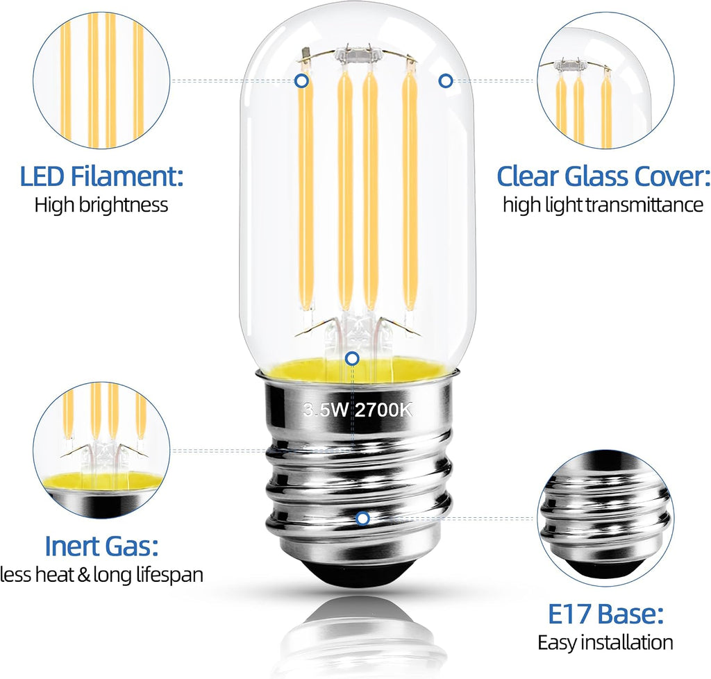 2.5 in E17 Intermediate Base LED Filament Bulb 360 Lumens, 2700K Soft White Dimmable Appliance Bulb AC 120V, ETL