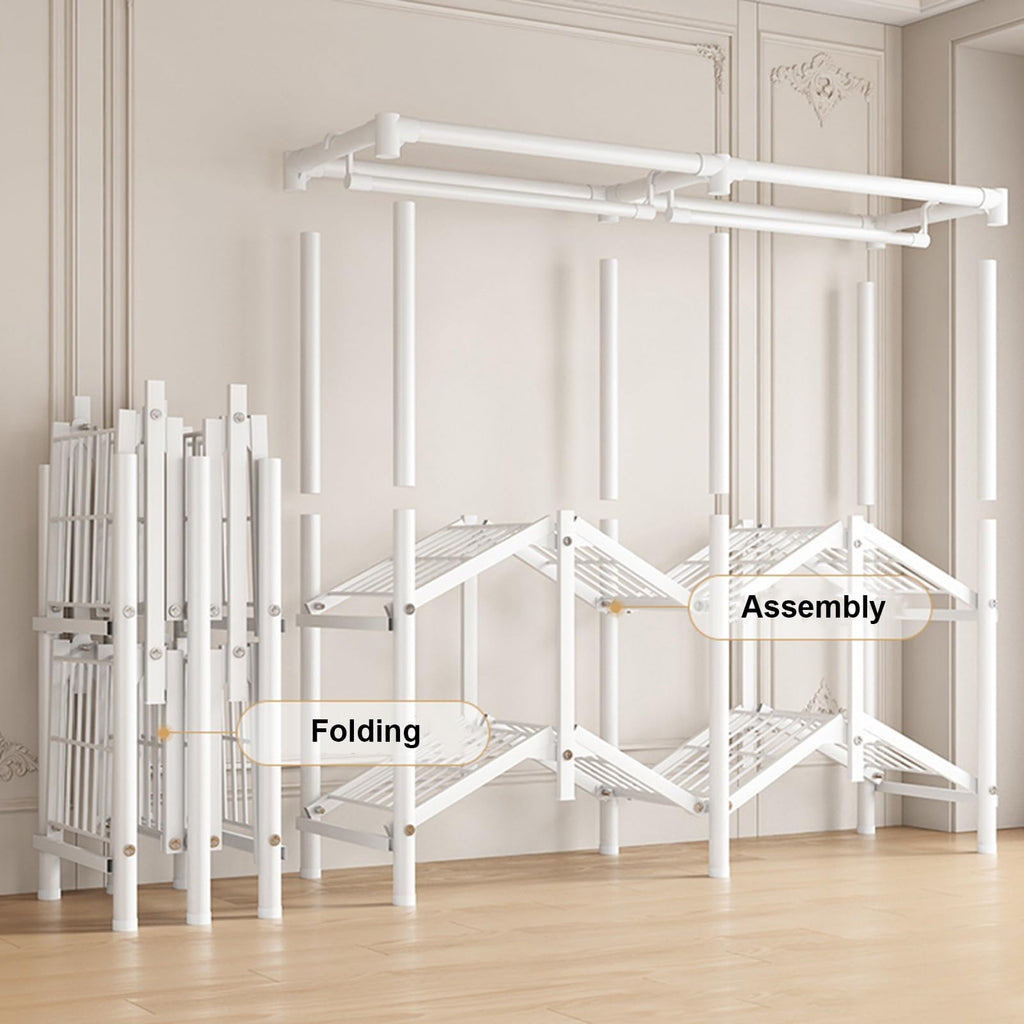 Portable Wardrobe Closet, Metal Freestanding Armoire with Fabric Cover, Large Capacity Clothes Organizer with Shelves