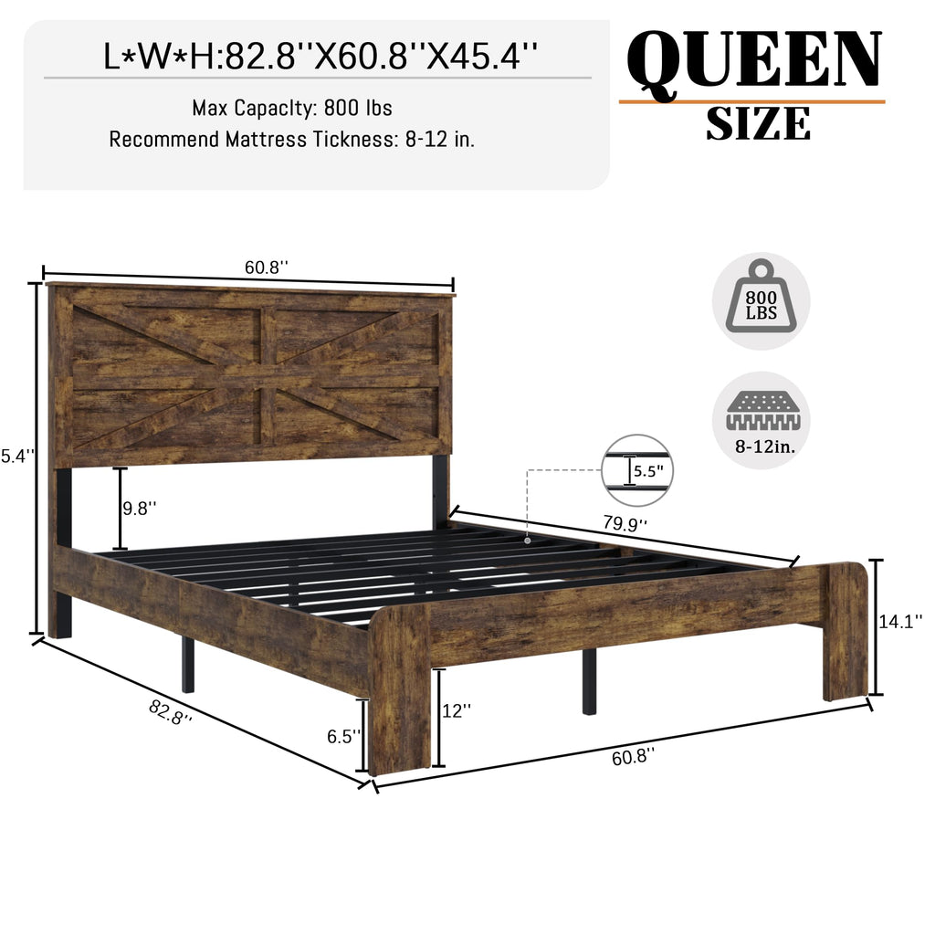 Wood Bed Frame with Farmhouse Headboard, Brown