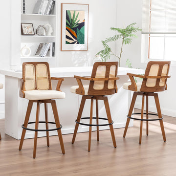 Mid Century Modern Bar Stools, 30 inch Swivel Rattan bar stools Walnut