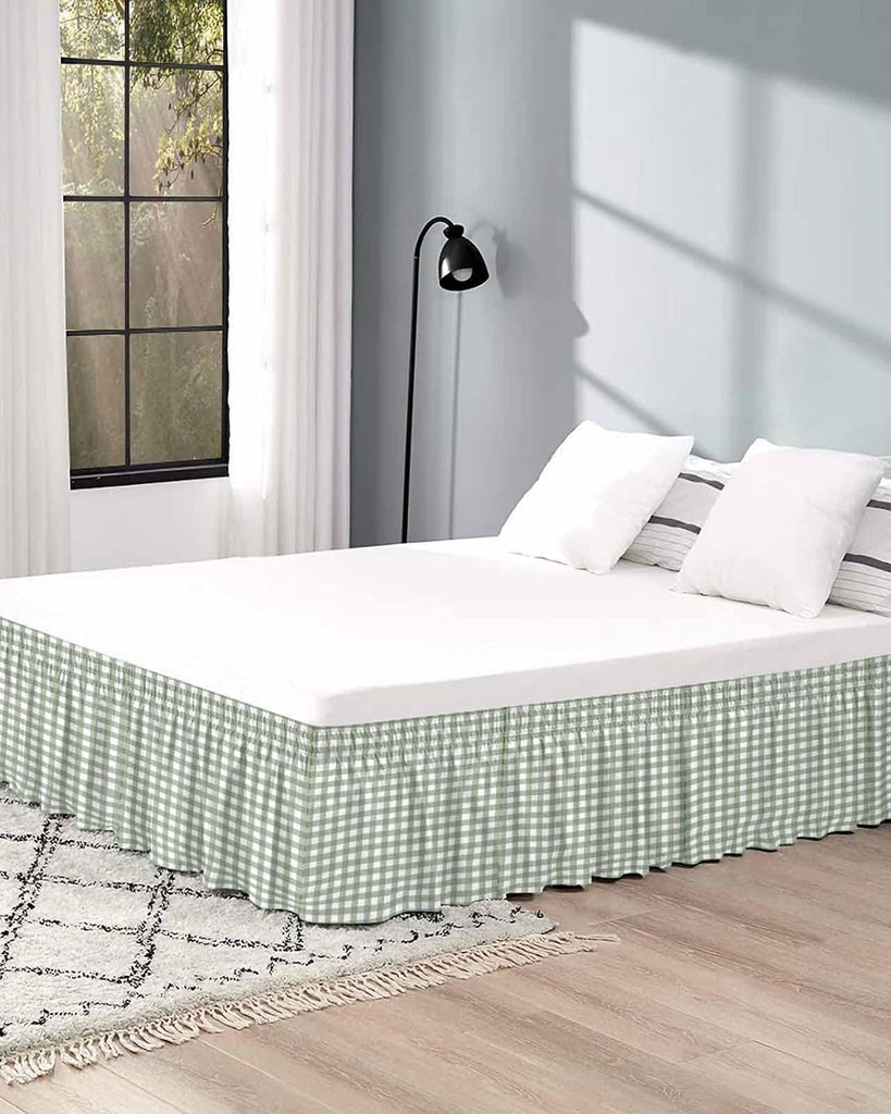 Sage Green Buffalo Plaid Bed Skirt King Size 18 Inch Drop, Adjustable Elastic Bedskirt Dust Ruffle for King Size Bed