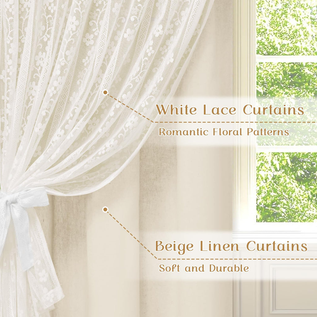 Linen Curtains, Double Layered Boho Curtain 63 Inch Length 2 Panels Set, Rod Pocket Curtains & Drapes with Tiebacks
