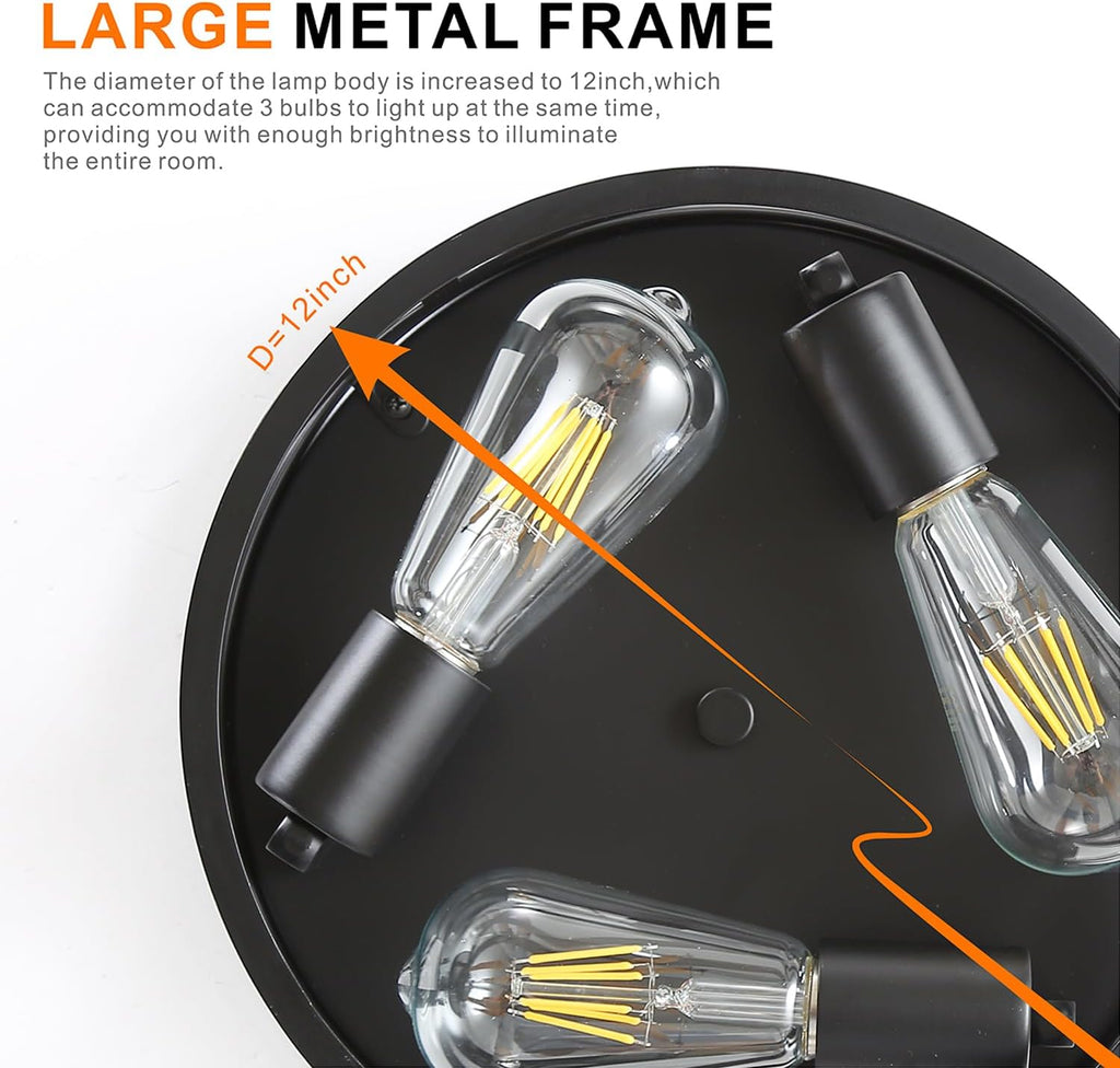 Farmhouse Flush Mount Ceiling Light 12 Inch E26 3-Light Large Black Anti-Rust Metal Cage Close to Ceiling Lamp for