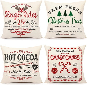 Farmhouse Christmas Pillow Covers 18x18 Winter Holiday Decorations Xmas Rustic Throw Cushion Case for Sofa - Set of 4