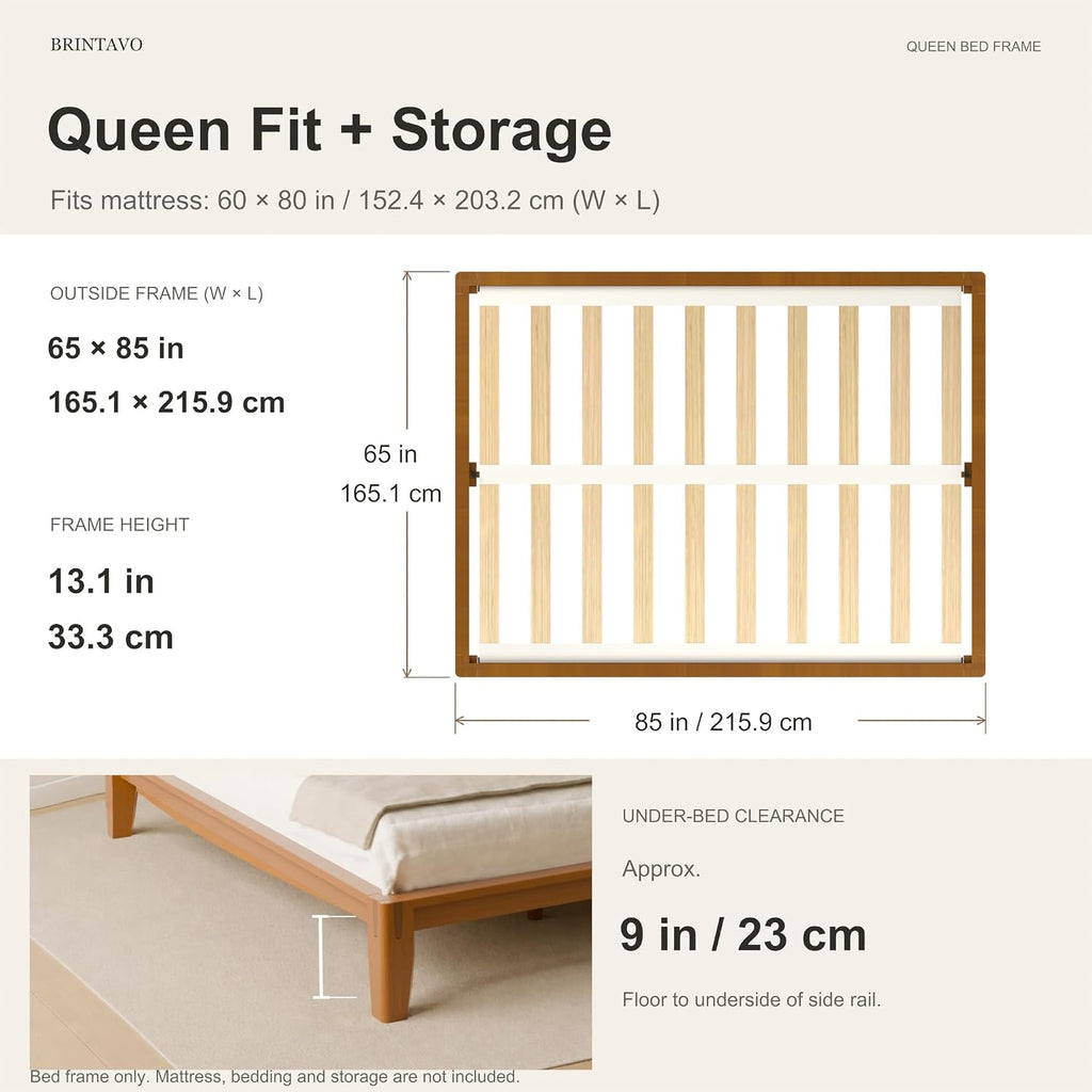 Bed Frame, Solid Rubberwood Main Frame with Plywood Slats, Japanese-Inspired Joinery, Tool-Free 10 Minute