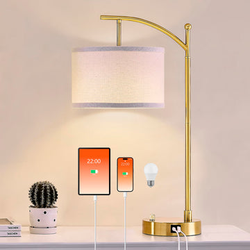 Table Lamp Set of 2, 23.5" Bedside Lamps with USB C+A Ports, Gold