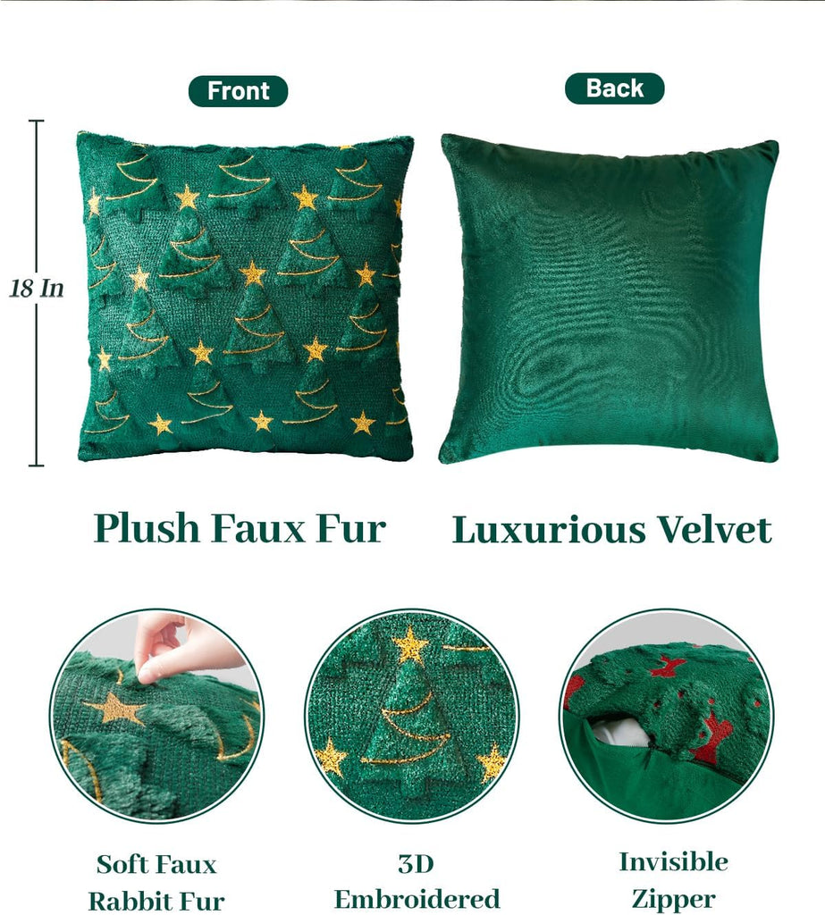 Christmas Pillow Covers Soft Plush Faux Fur Pillow Cases 3D Embroidered Decorative Couch Cover Home Decor - Set of 2