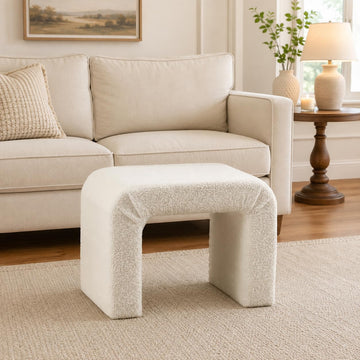 Modern Boucle Ottoman Footstool, 24" Arched Upholstered Vanity Stools for Makeup Room, Small Foot Rest (Fully