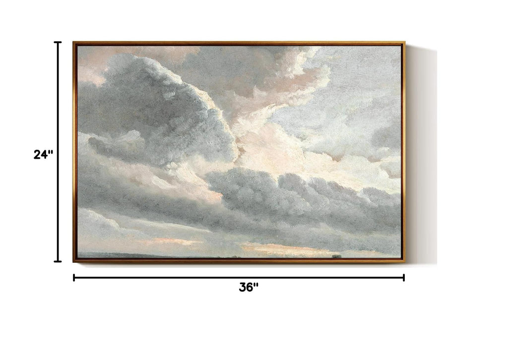Golden Framed Vintage Canvas Wall Art Study of Clouds with a Sunset Near Rome 24x36 inch, Grey Toned Rustic Canvas