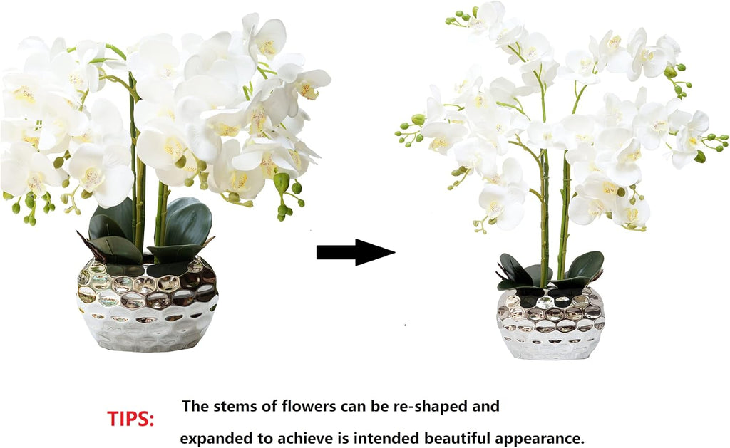 Orchid Artificial Flowers Decor, Faux Orchids with Silver Vase Phalaenopsis Fake Flowers Real Touch Flowers Plants