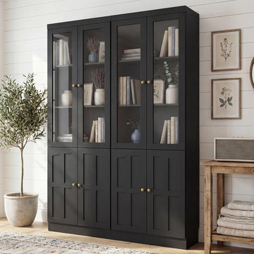 80" Bookshelf with Glass Doors and Adjustable Shelves, Set of 2 | Farmhouse Bookcase with Baseboard Cutout and
