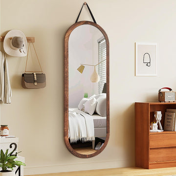 48x16in Oval Full Length Mirror Solid Wood Frame, Brown