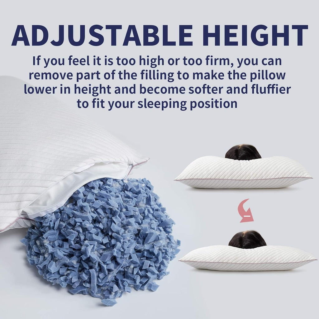 King Size Bed Pillows 2 Pack | Shredded Memory Foam Cooling Pillows for Side,Back & Stomach Sleepers