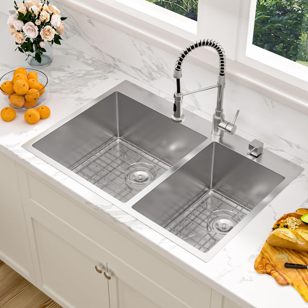 33 Inch Kitchen Sink Drop In Double Bowl- 33x22 Inch Drop Kitchen Sink Stainless Steel 16 Gauge Topmount Double Basin