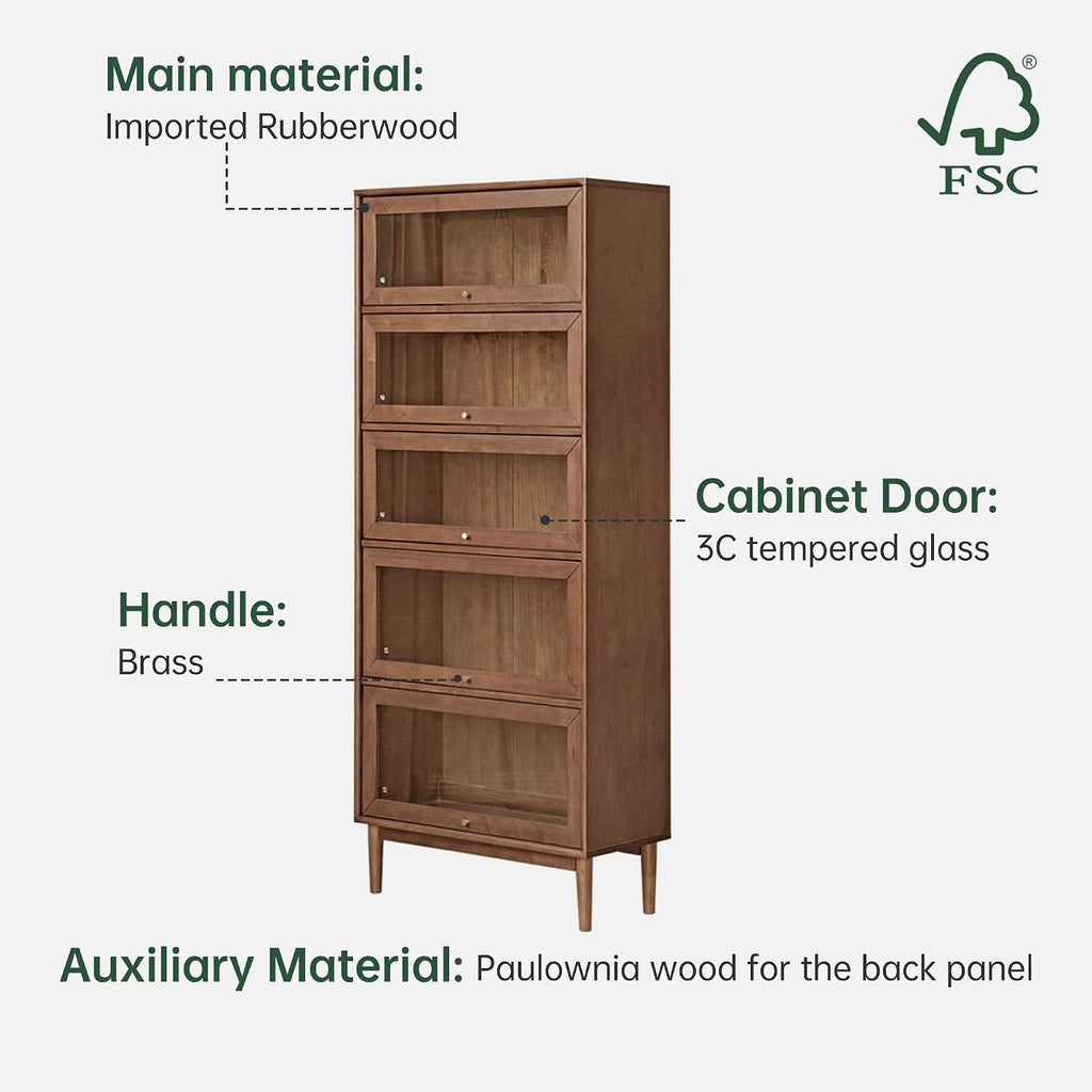 Solid Wood Bookshelf with Glass Flip-Up Doors, Vintage Display Cabinet, Solid Rubber Wood Combination Bookcase