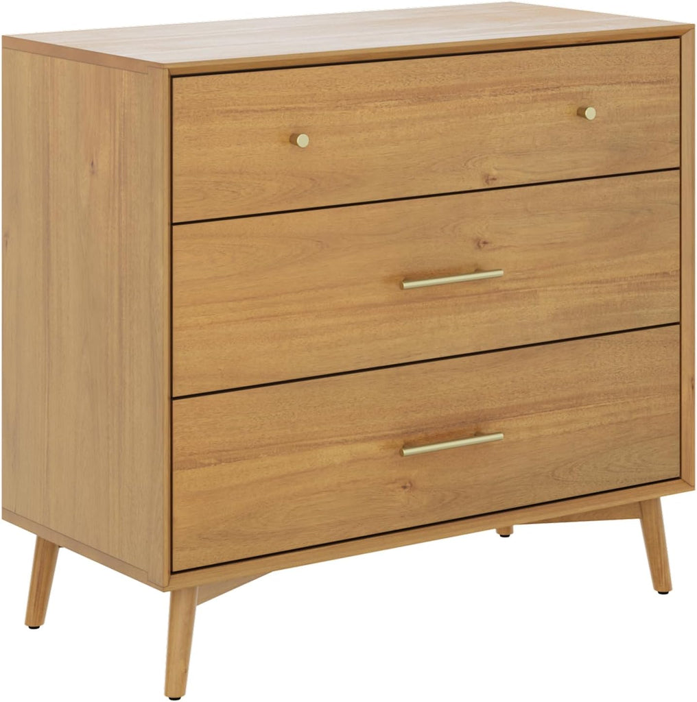 Harper Mid Century Modern Dresser, Solid Wood Dresser with 3 Drawers and Metal Drawer Pulls, Light Acacia