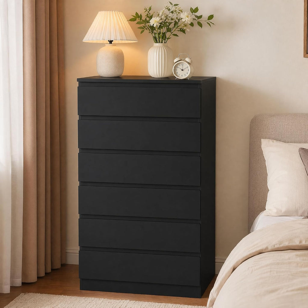 Black 6 Drawer Dresser ,Tall Modern Dressers & Chest of Drawers with Handle-Free Design,Wood Storage Dresser with