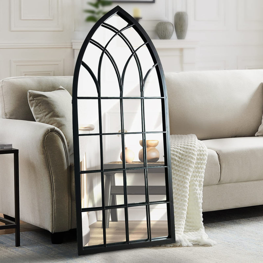 Farmhouse Window Mirror,Arched Black Mantel Mirror,Cathedral Wall Mirrors with Window Pane /Fireplace/Living