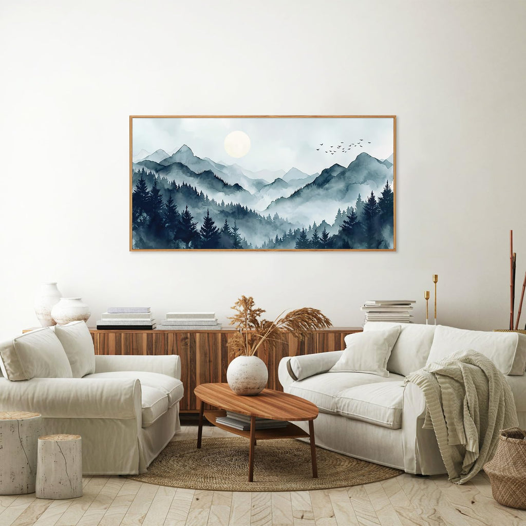 Large Foggy Mountain Framed Canvas Wall Art, Misty Forest Scenery Wall Decor, Minimalist Watercolor Landscape