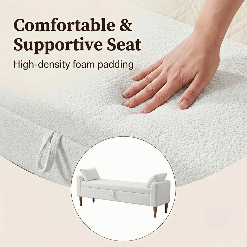 66" End of Bed Storage Bench with Arms, Boucle, Ivory | Flip-top Storage, Bench Daybed, 2 Bolster Pillows, Rubberwood