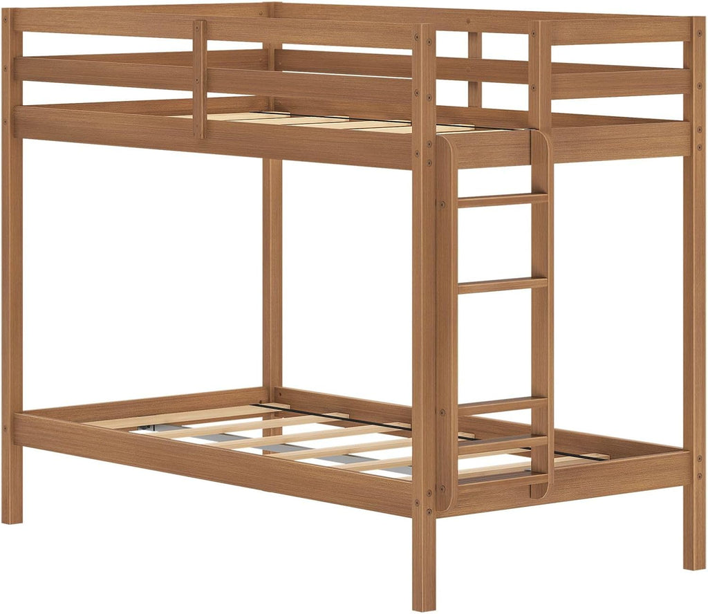 Bear Twin Over Twin Bunk Bed, Sturdy Bunk Bed Frame for Kids, Plywood Bunk with Ladder, Guardrail, and Slats