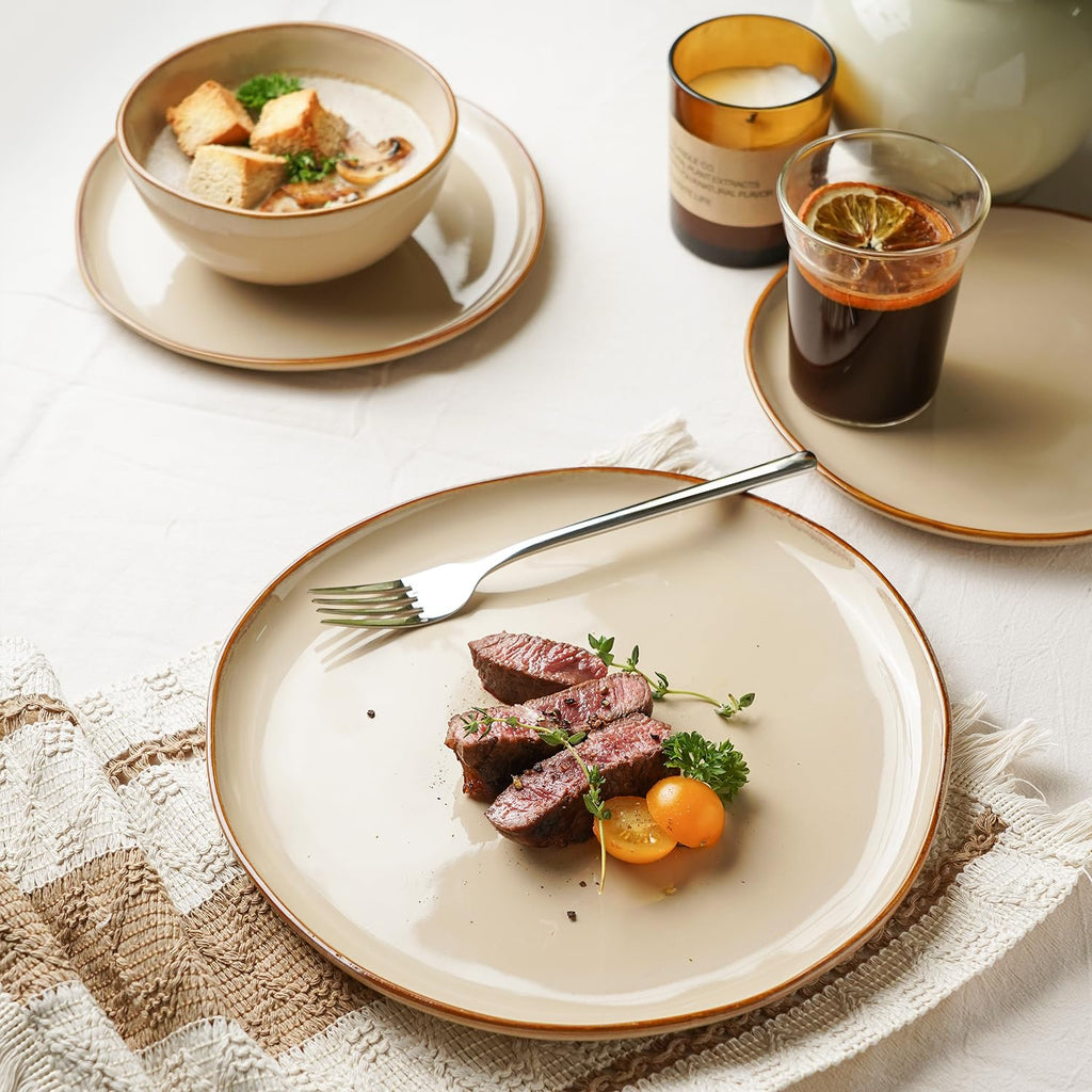 Stoneware Dinnerware Sets for 4, Reactive Glaze Plates and Bowls, Beige