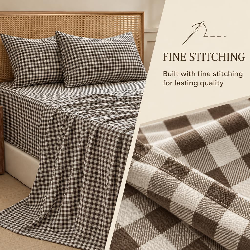 18-24 Inches Extra Deep Pocket Queen Sheets, Mocha Gingham