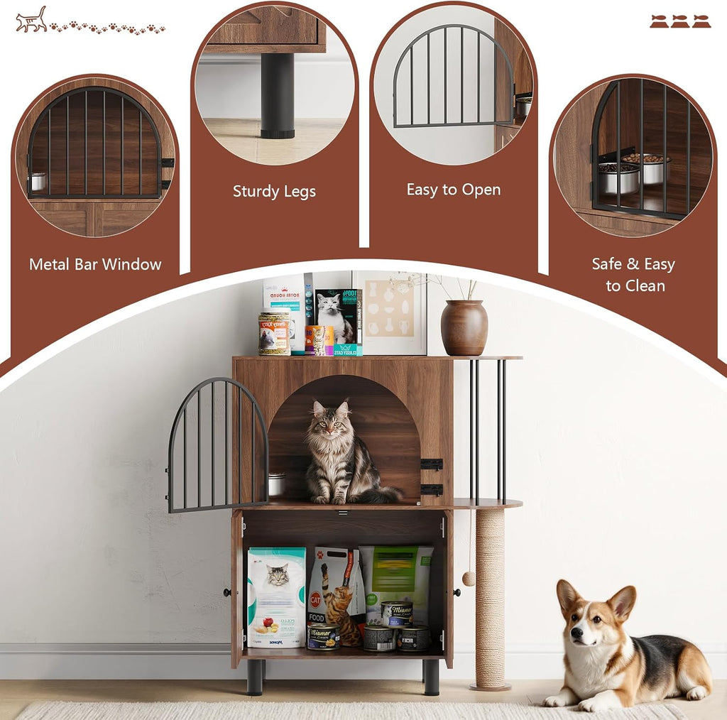 Dog Proof Cat Feeding Station with Scratching Post, Elevated Bowls (Walnut)