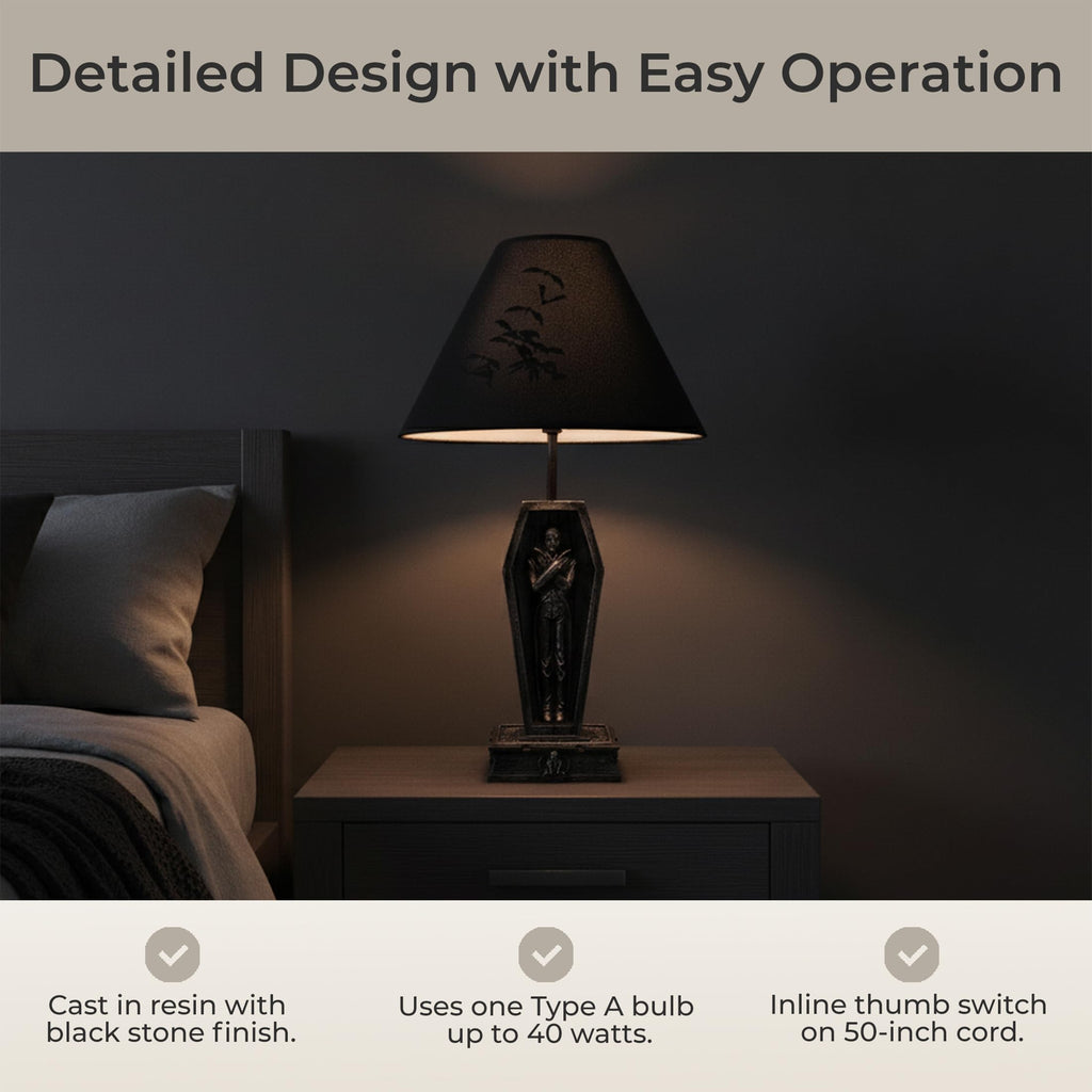 Vampire Coffin Table Lamp, 22 Inch Black Gothic Resin