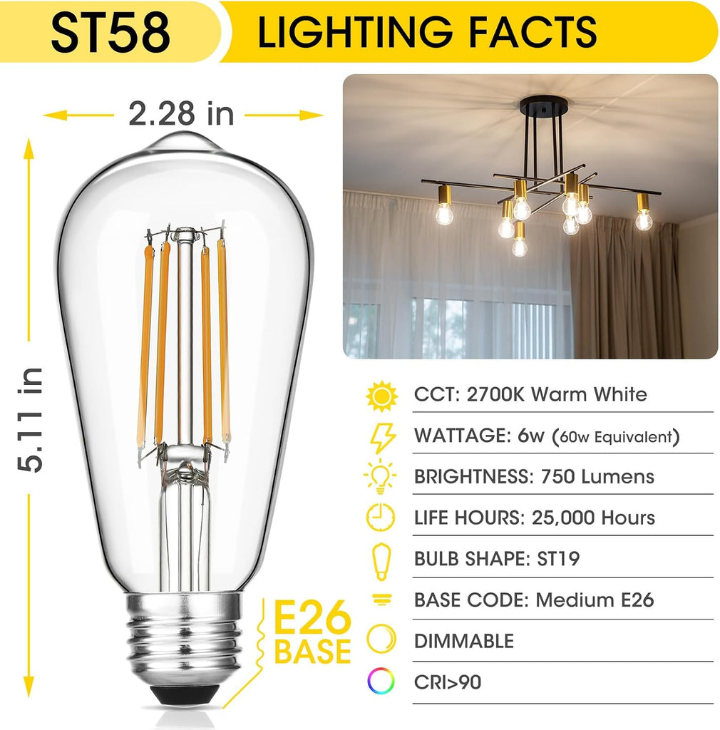 ST19 Vintage LED Edison Bulbs, 60W Eq, Dimmable, Warm White 2700K, 4-Pack