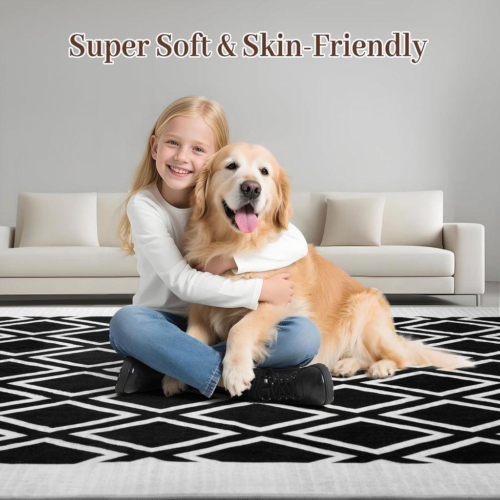 Washable Rug 5x7 - Soft Textured Area Rug with Non-Slip Backing, Modern Luxury Checkered Design, Machine Washable