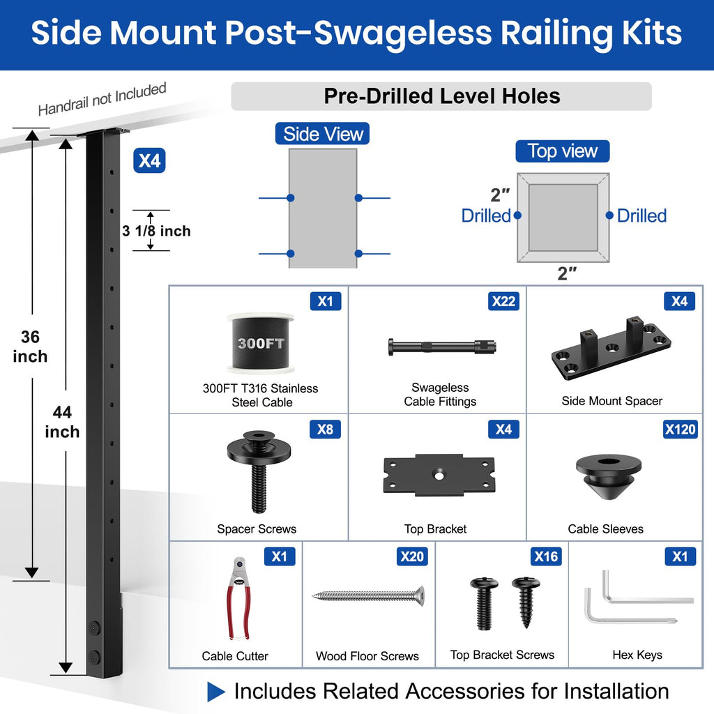 12-24FT Side Mount Cable Railing Post Kits 36 Inch, Black Space-Saving