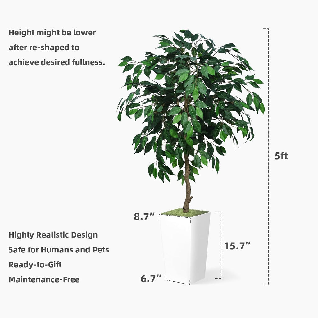Artificial Ficus Tree 5FT - Faux Indoor Tree with White Tall Planter - Fake Ficus Floor Plant Potted - Artificial