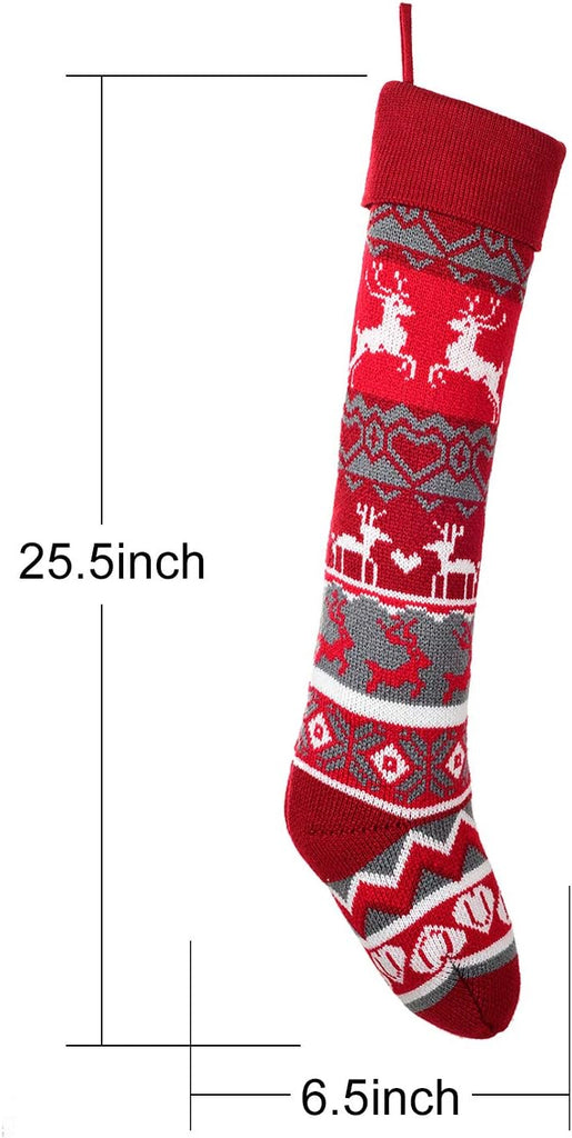 3 Pack Knit Christmas Stocking - 25 Inch Extra Long White and Burgundy Wool Christmas Stocking with Reindeer and