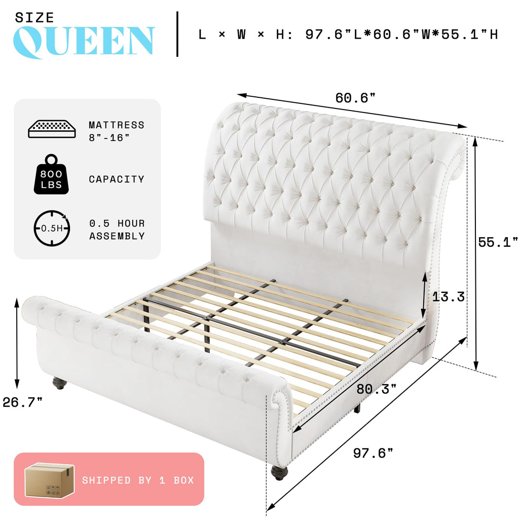 Upholstered Bed Frame Sleigh Headboard & Footboard, White