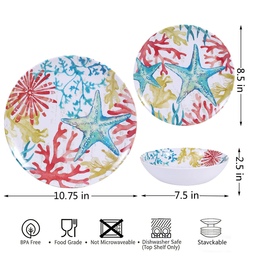 Melamine Dinnerware Set for 4 - 12-Piece Starfish Coral Design Plates and Bowls, Ocean Dishes set, Unbreakable Dinner