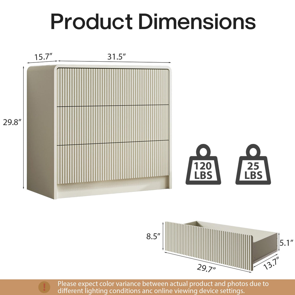 31.5" Wide Modern Curved 3 Drawer Dresser, Beige