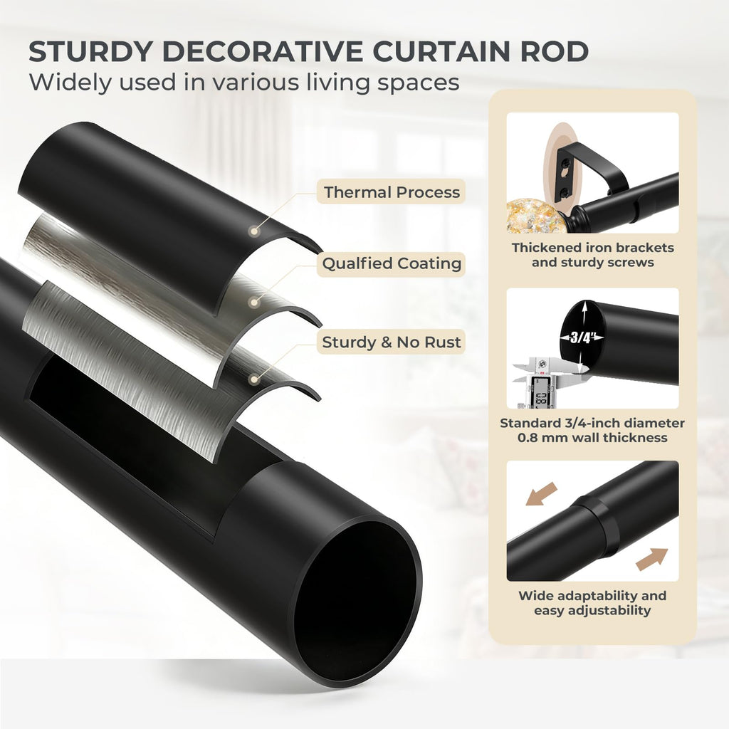Black Decorative Crystal Curtain Rods, 1" Heavy Duty Adjustable 36-88"