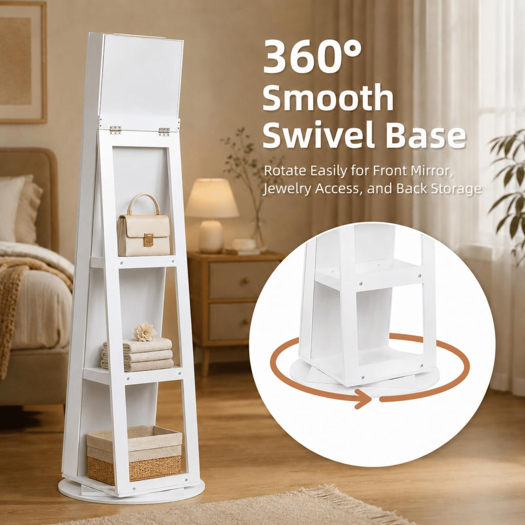 360° Swivel Jewelry Armoire with Full-Length Mirror and Sliding Door, Standing Jewelry Cabinet with 3 Rear Shelves