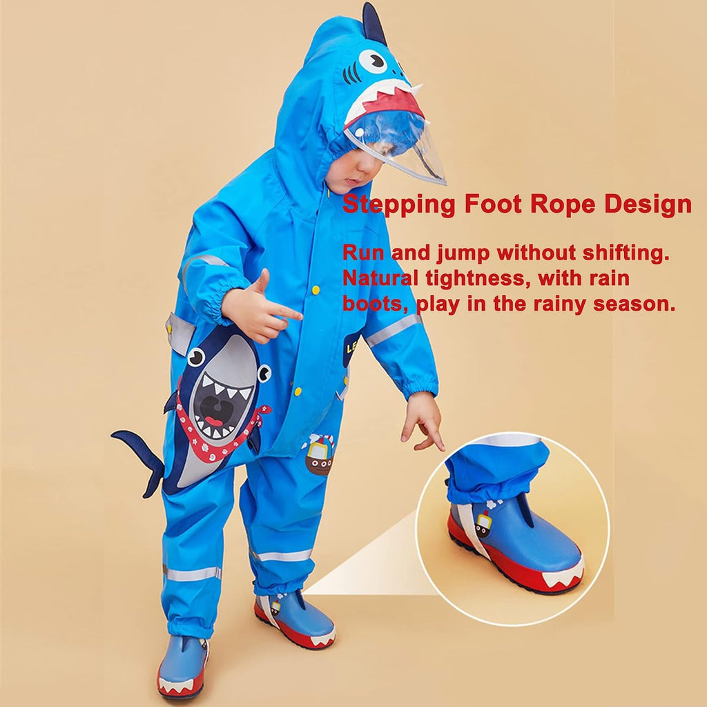 Toddler Boys Rain Suit Lightweight Waterproof Coveralls Cartoon Shark Hoodie Rain Jacket M Size