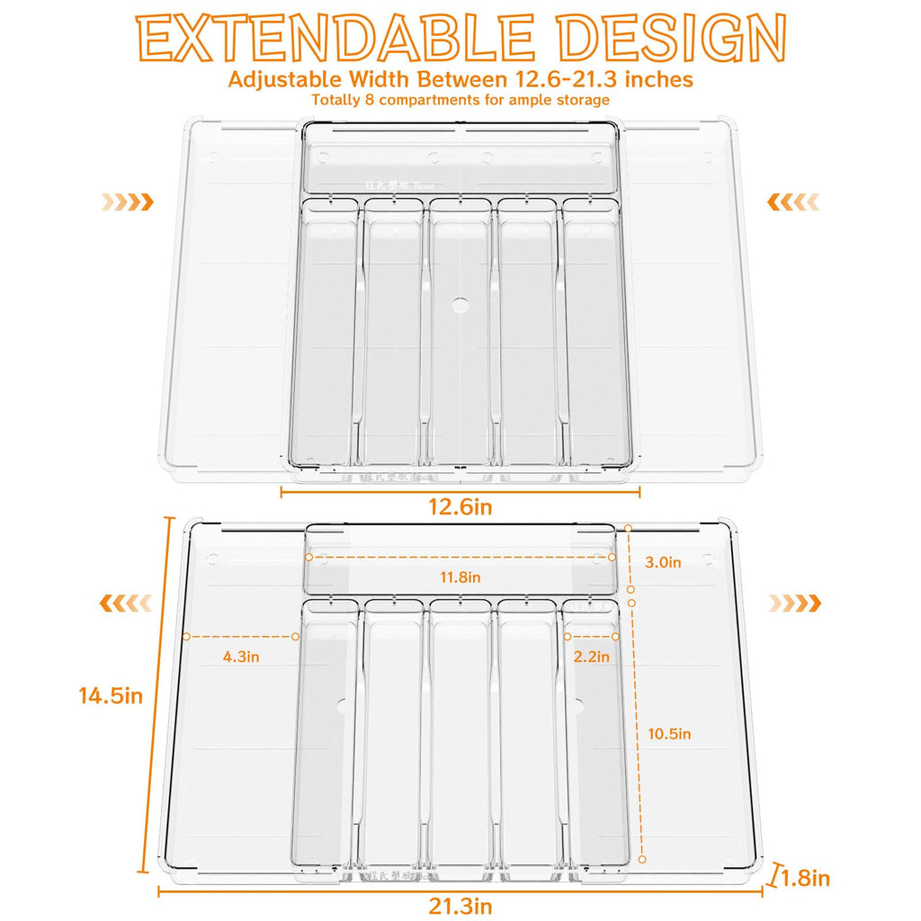 Clear Expandable Silverware Drawer Organizer - Adjust From 11'' to 22'' - Knife,Cutlery,Spoons and Forks