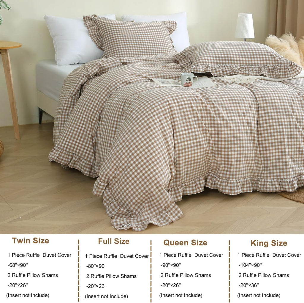 Taupe/White Plaid Ruffle Duvet Cover Queen,100% Washed Cotton 3 Pcs Vintage Checkered Chic Gingham Bedding Set