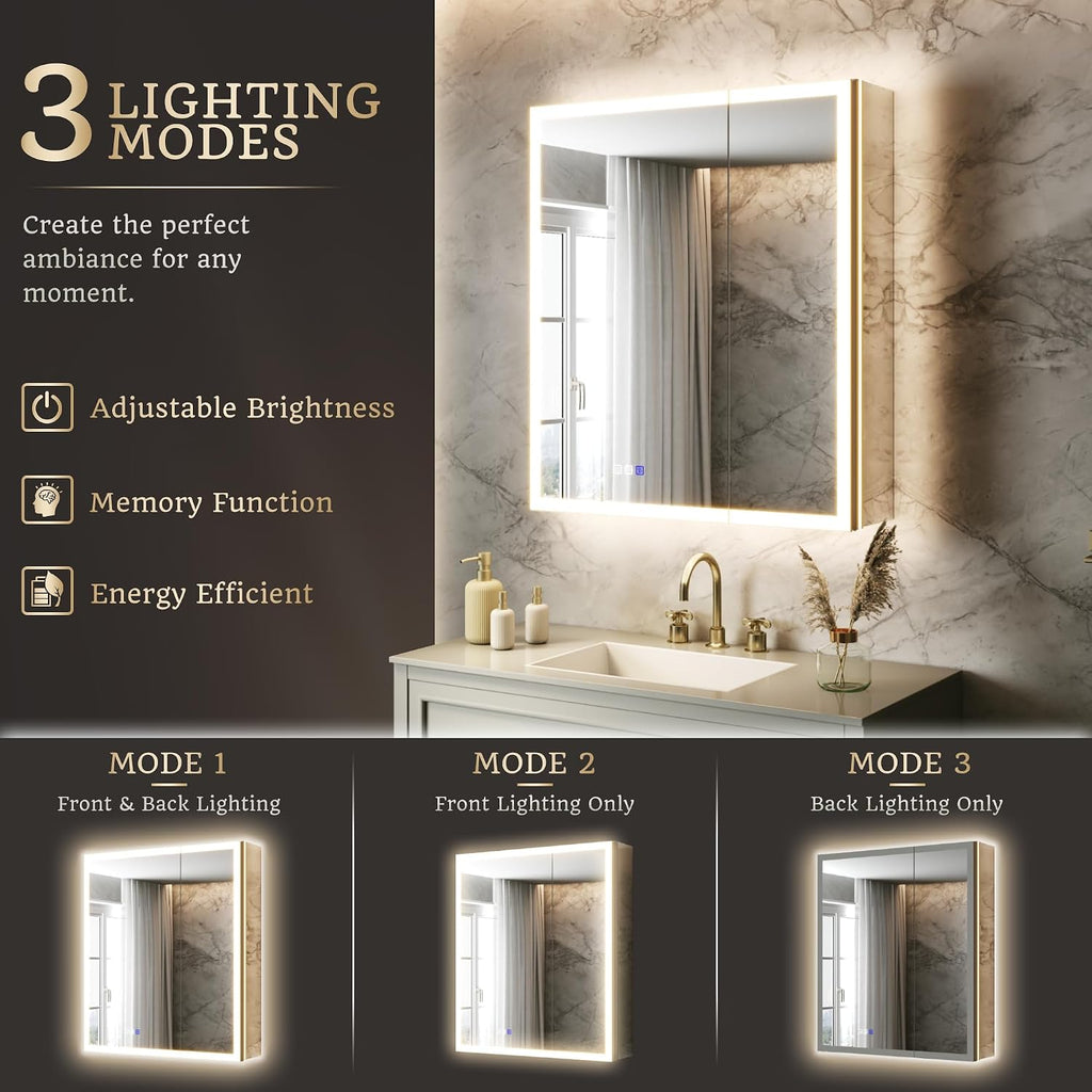 28x32 Lighted Medicine Cabinet, Separate Front & Back Lights | Surface/Recessed LED Medicine Cabinet with Side