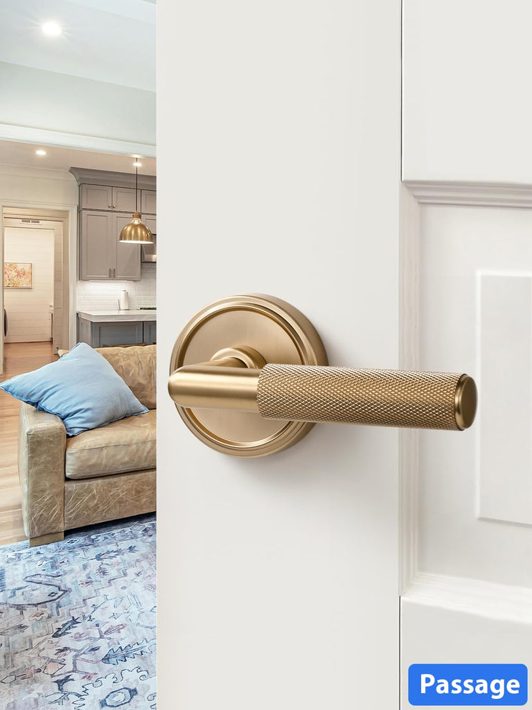 Knurled Door Lever Champagne Bronze Passage Door Handle, 1 Pack