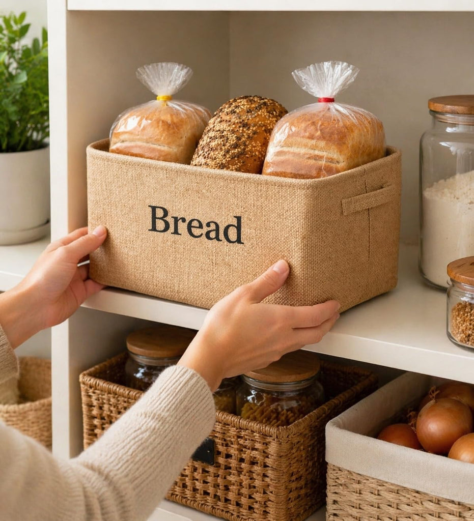 Bread Storage Bin- Burlap basket for keeping Bread, Rolls and other items Counter or Pantry