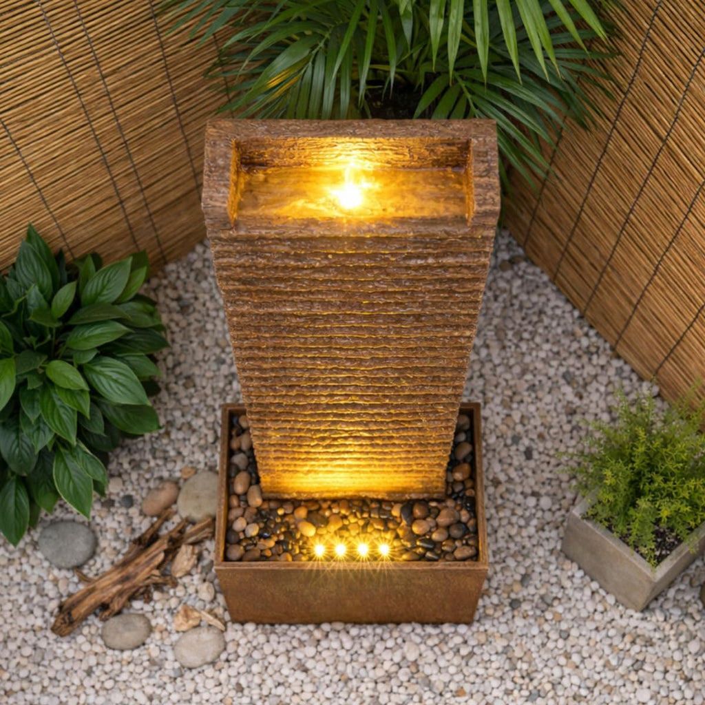 Ridged Texture Outdoor Water Fountain - Warm Glow Lighting with Built-in Electric Pump & Simple Setup, Brown