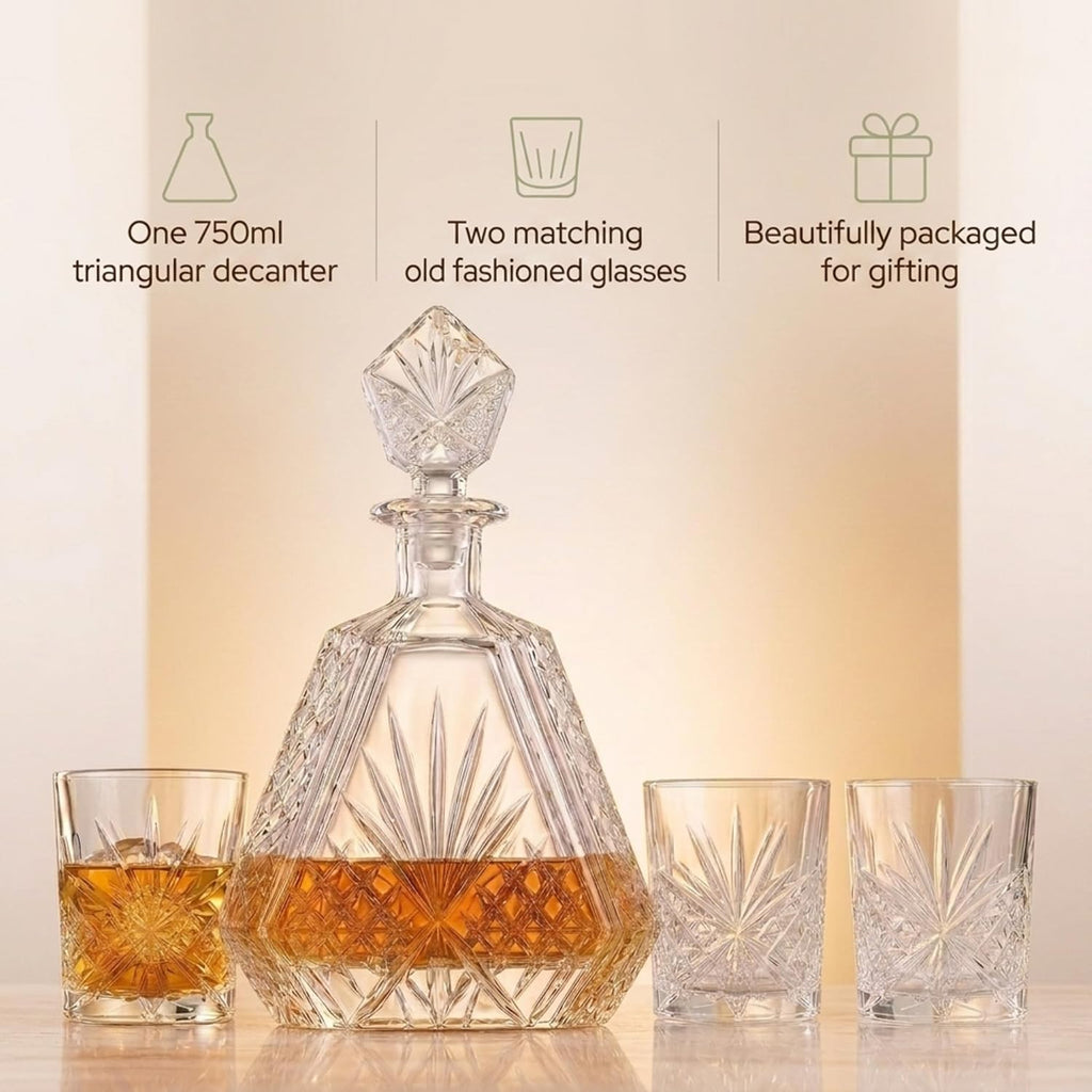 Whiskey Decanter Set with 2 Old Fashioned Whisky Glasses for Liquor Scotch Bourbon or Wine - Irish Cut Triangular - Set of 3
