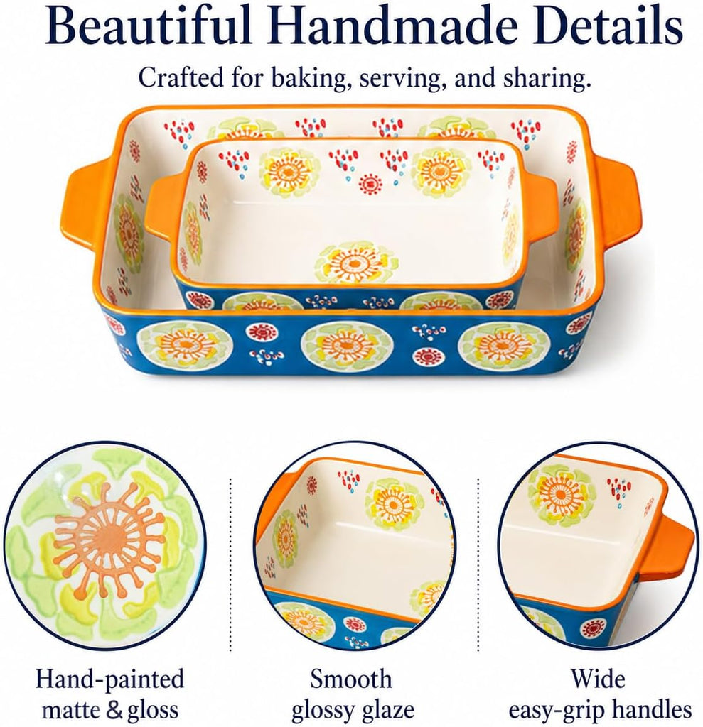 Ceramic Dish Set, 2-Piece Stoneware Casserole Dishes for Oven, 3.4QT & 1.5QT Deep Lasagna Bakeware with Handles