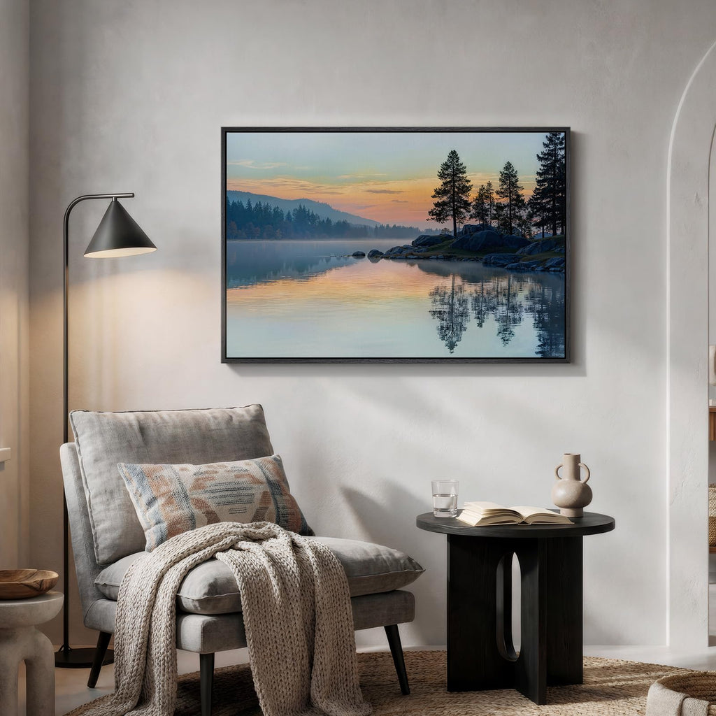 Framed Sunset Mountain Lake Landscape Wall Art, 24x36 Inch